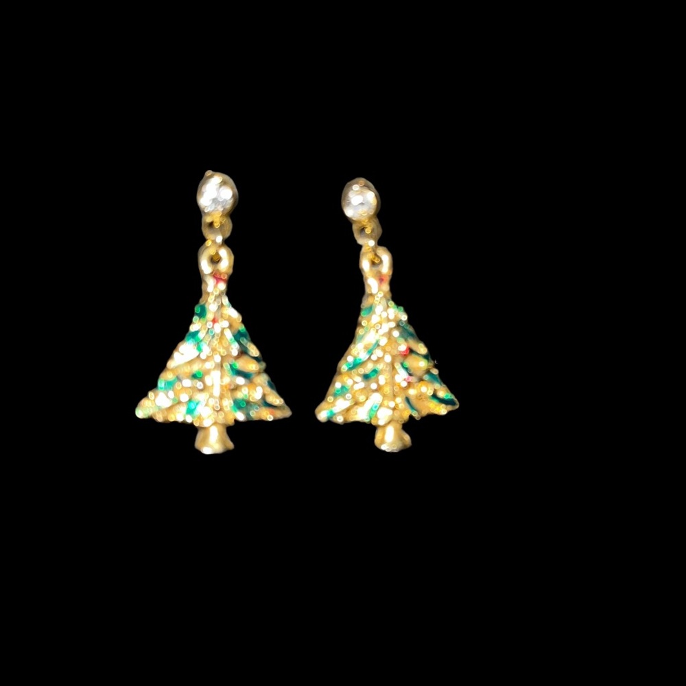 Gold Tone Christmas Tree Holiday Earrings Rhinestone Post Straight Back